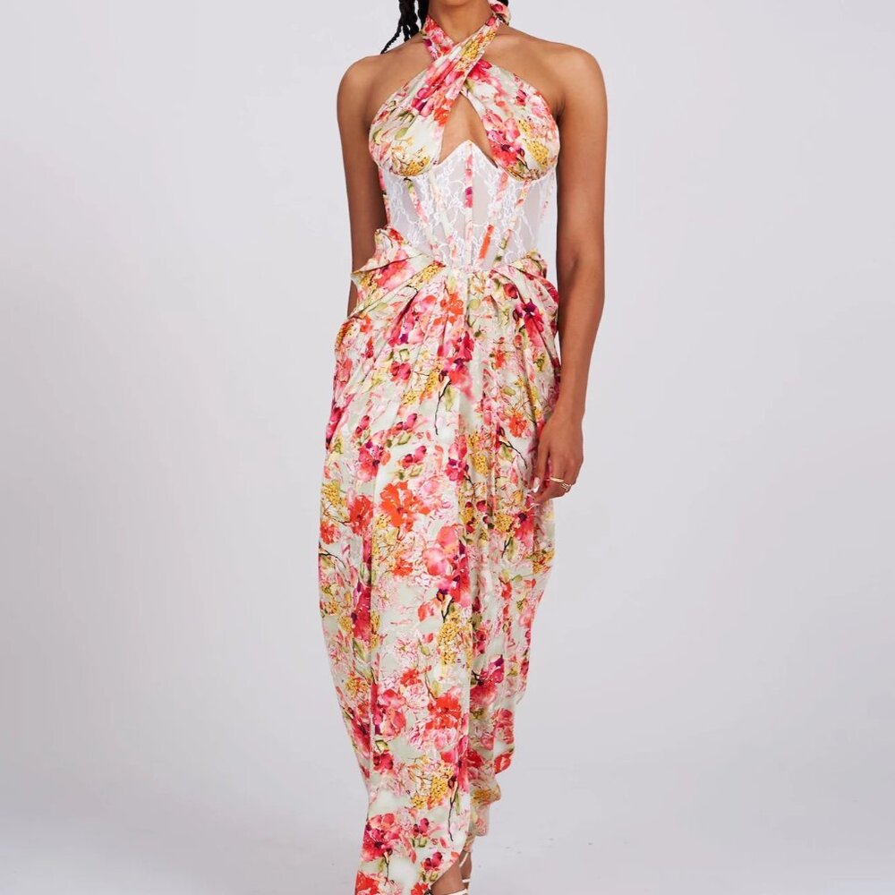 Miss Circle Sz M Halter Dress - Lace & Satin